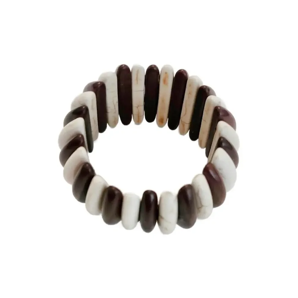 Vintage Chunky Marbled Creme and Brown Stone Stretch Bracelet